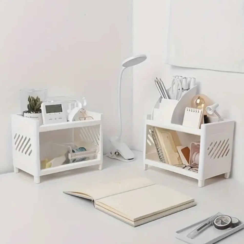White Plastic Desktop Storage Rack -Multi-Functional Rectangular Organizer Shelf - Picture 5 of 8